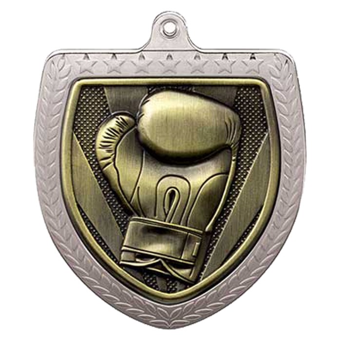 SILVER 75MM BOXING GLOVE SHIELD MEDAL